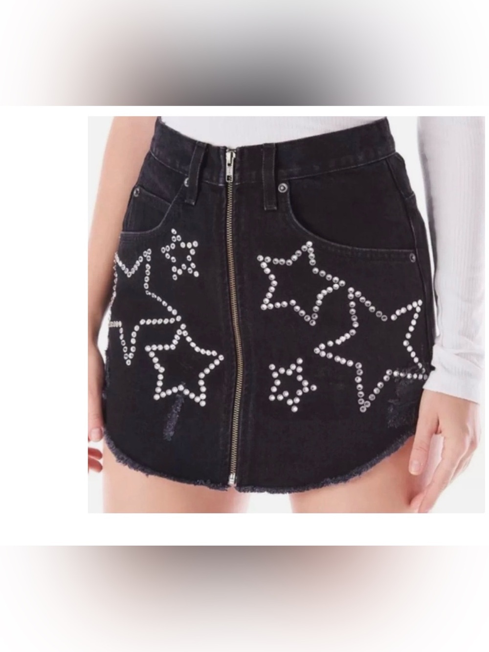 Carmar Denim Beatrice Rhinestone Star Mini Skirt Washed Black Sz 29 Zip Front